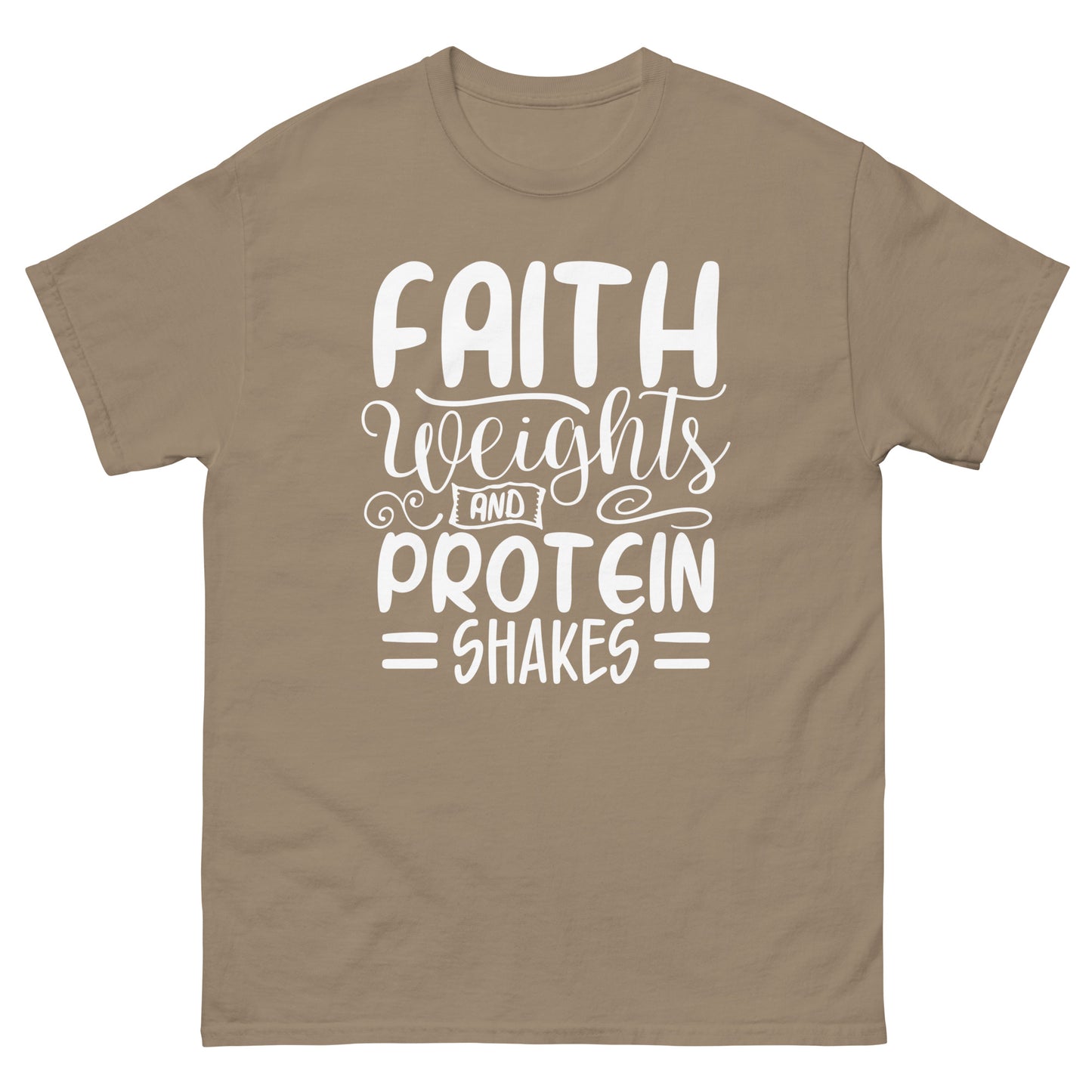 Faith weights and protein shakes (White design) - Men's classic tee