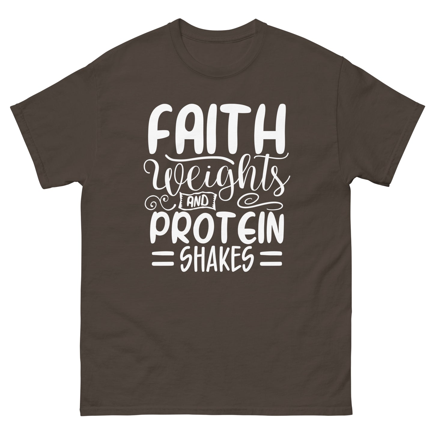 Faith weights and protein shakes (White design) - Men's classic tee