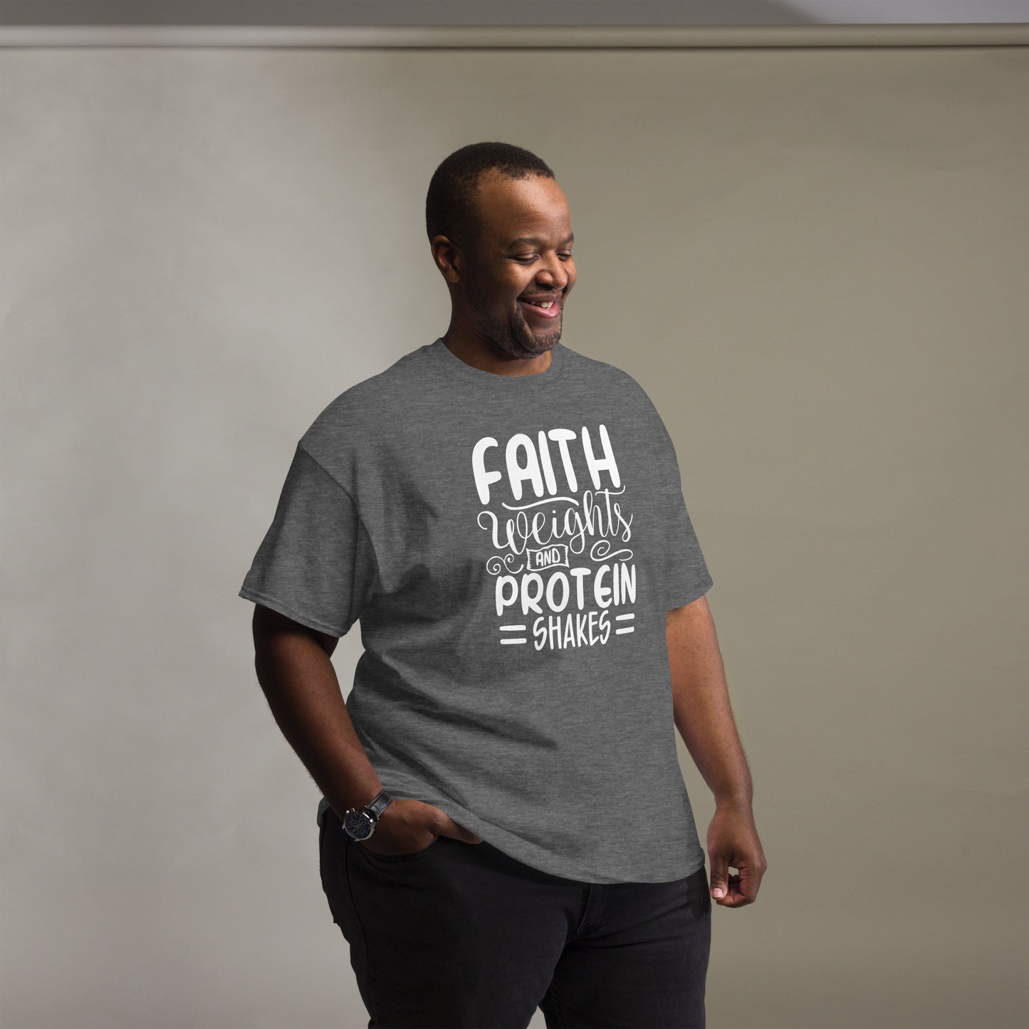 Faith weights and protein shakes (White design) - Men's classic tee