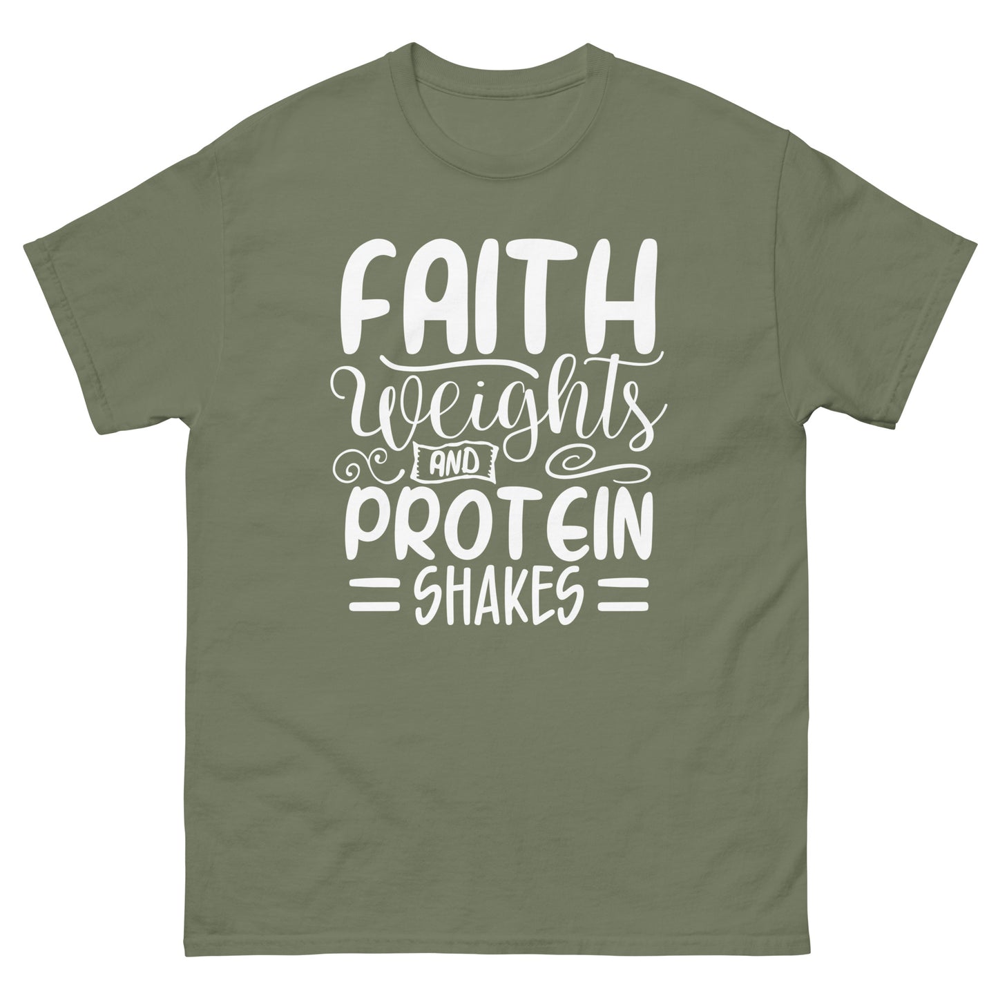 Faith weights and protein shakes (White design) - Men's classic tee