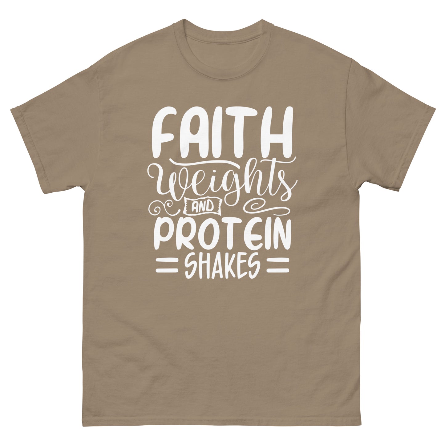 Faith weights and protein shakes  (White design) - Men's classic tee