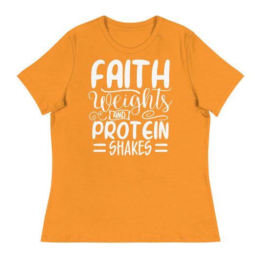 Faith Weights and Protein Shakes  (White design) - Women's Relaxed T-Shirt