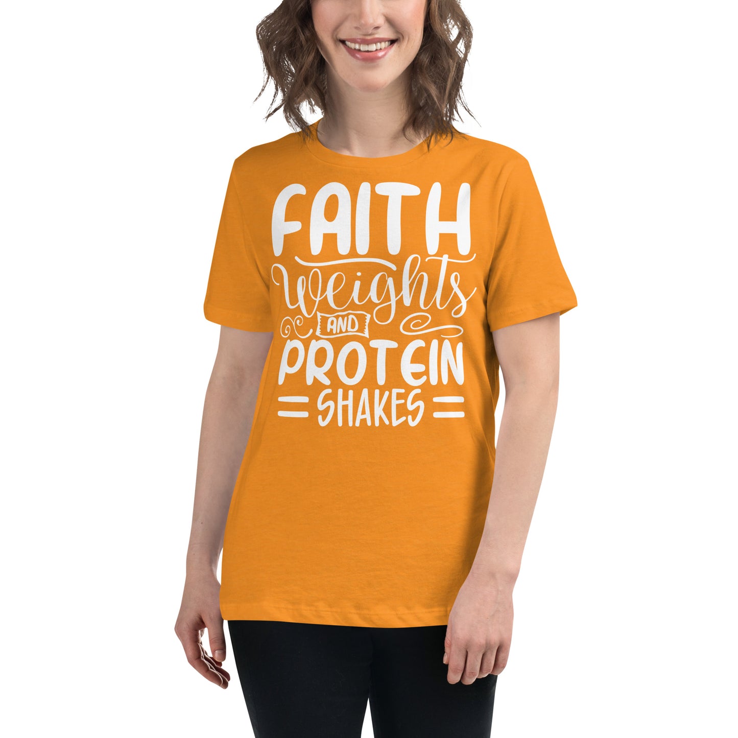 Faith Weights and Protein Shakes  (White design) - Women's Relaxed T-Shirt