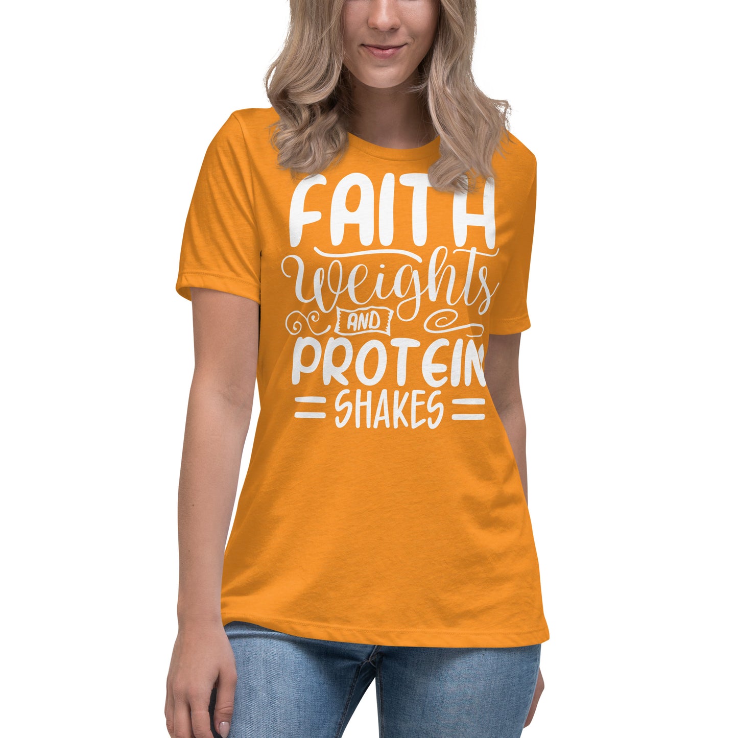 Faith Weights and Protein Shakes  (White design) - Women's Relaxed T-Shirt