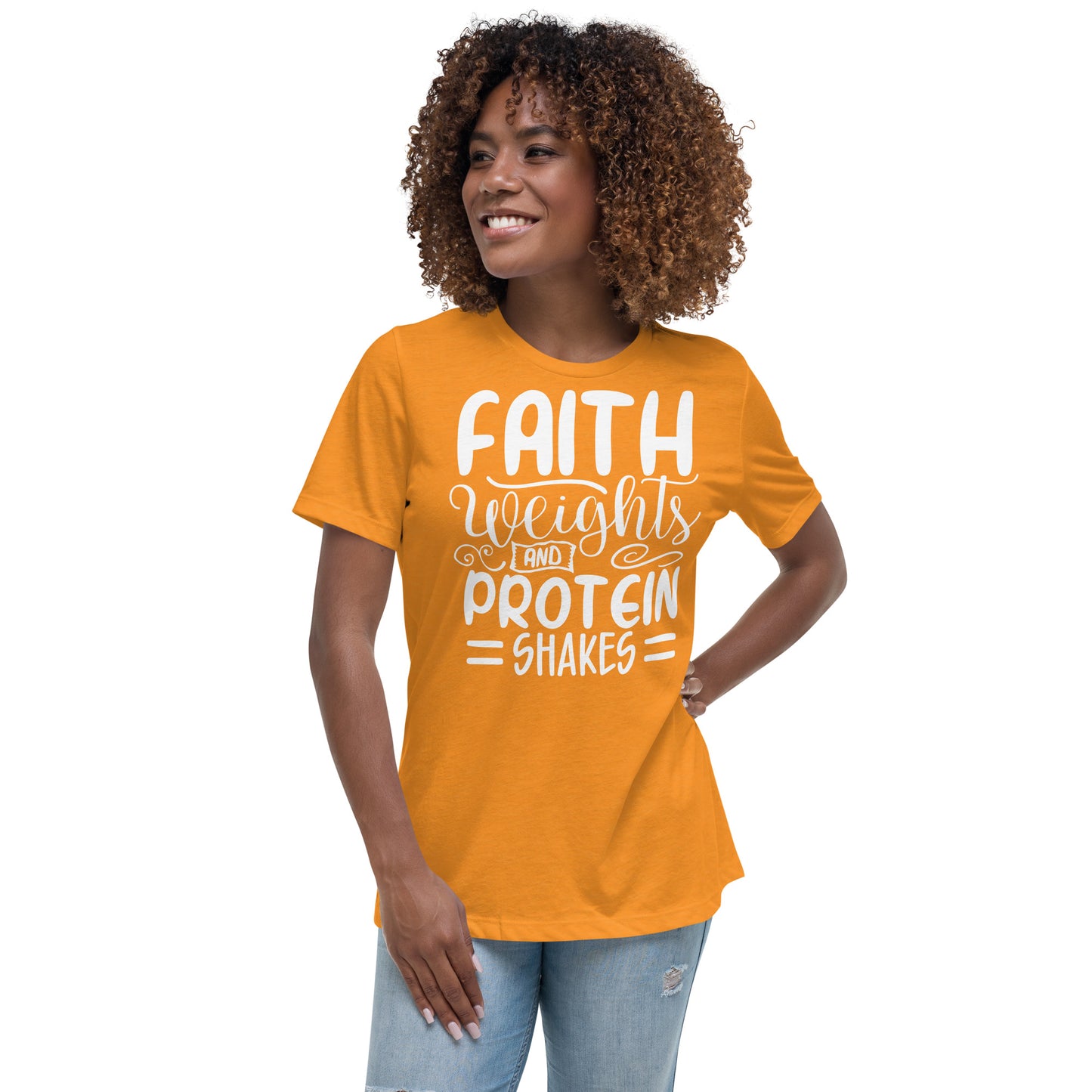 Faith Weights and Protein Shakes  (White design) - Women's Relaxed T-Shirt