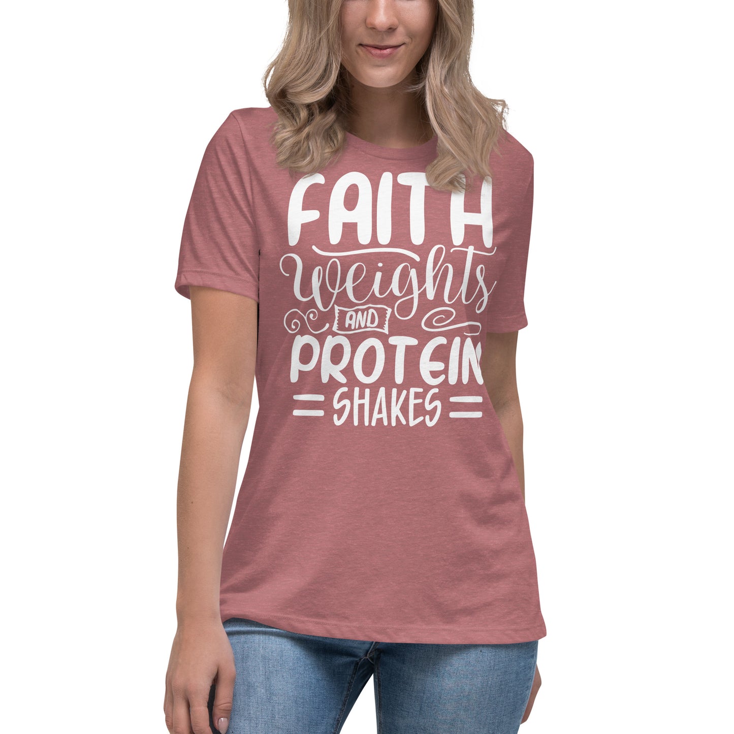 Faith Weights and Protein Shakes (White design) - Women's Relaxed T-Shirt