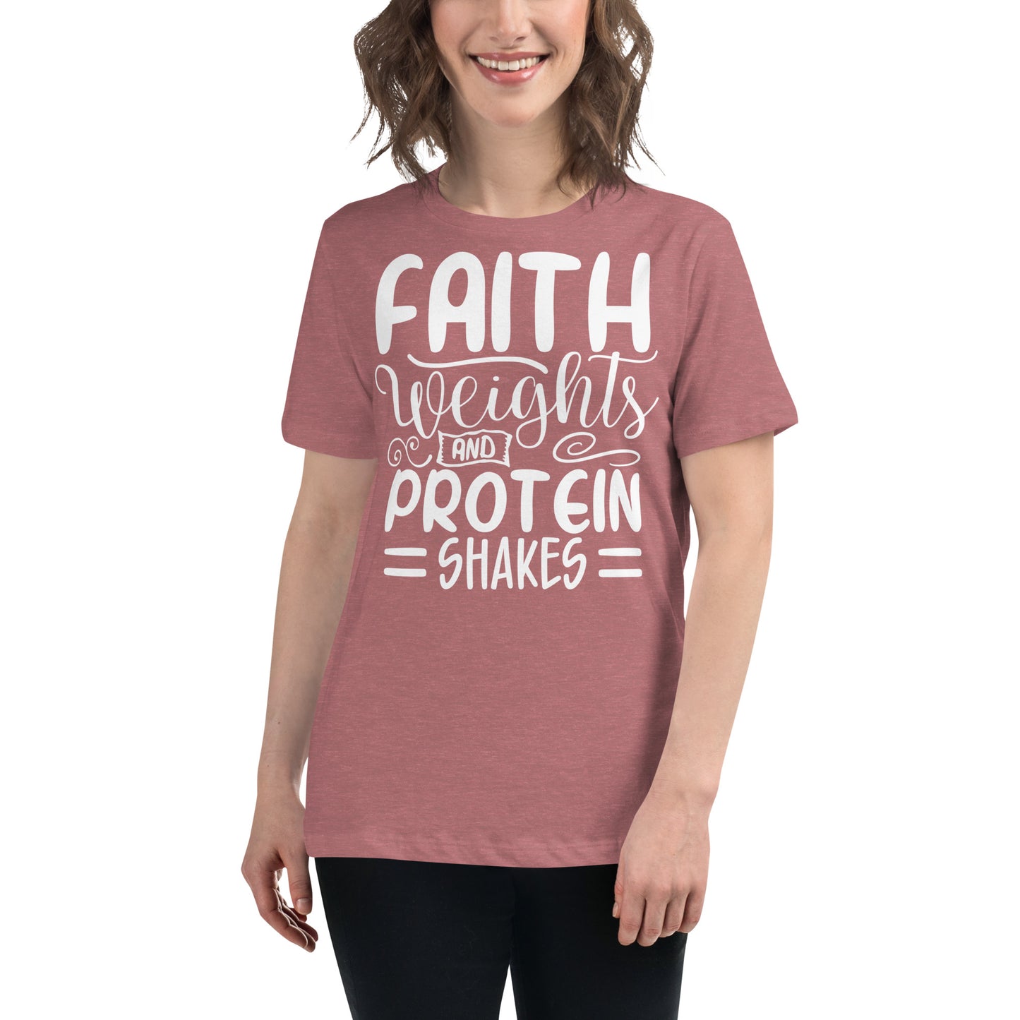 Faith Weights and Protein Shakes (White design) - Women's Relaxed T-Shirt